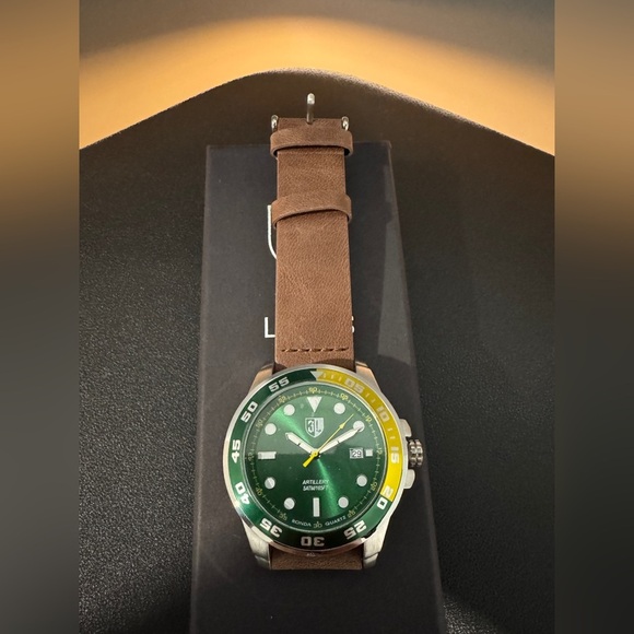 Three Leagues Artillery Green and Yellow Watch with Leather Strap - Picture 1 of 5